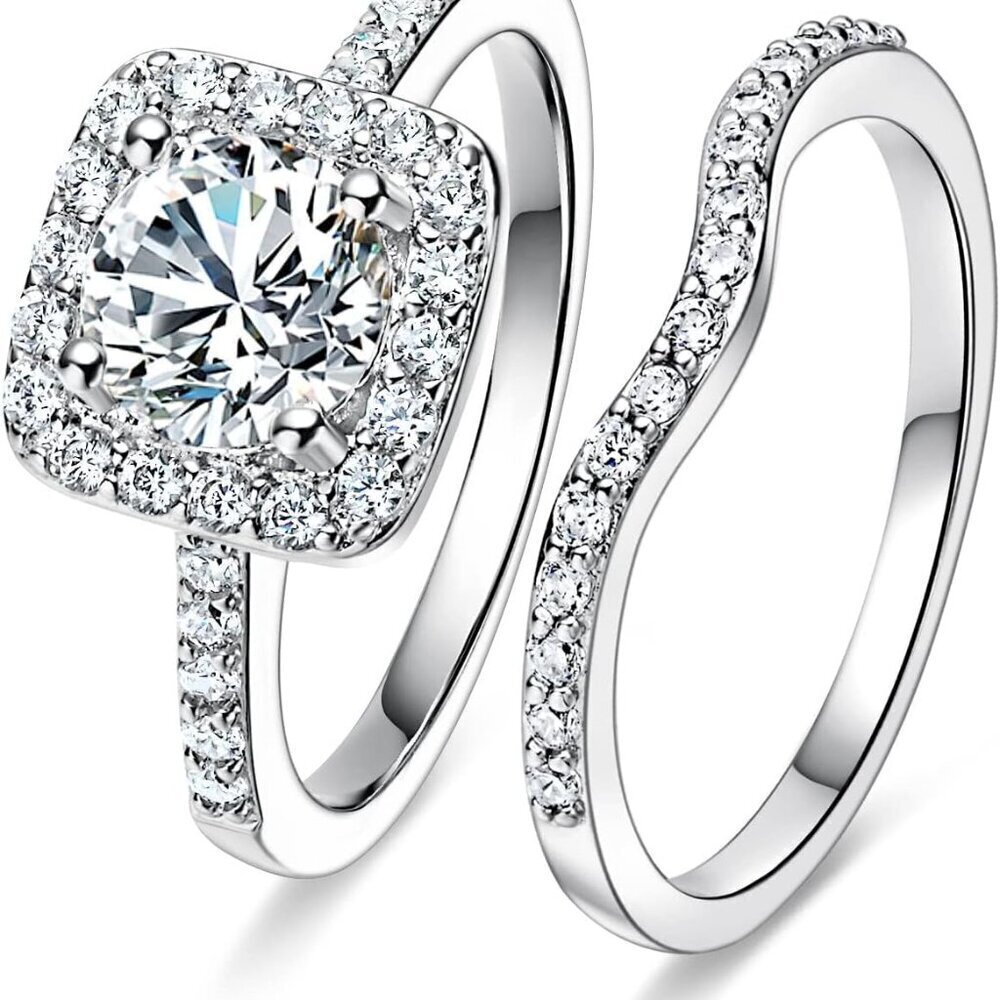 White Gold Plated Cubic Zirconia Two-in-One Halo Wedding Ring for Women
